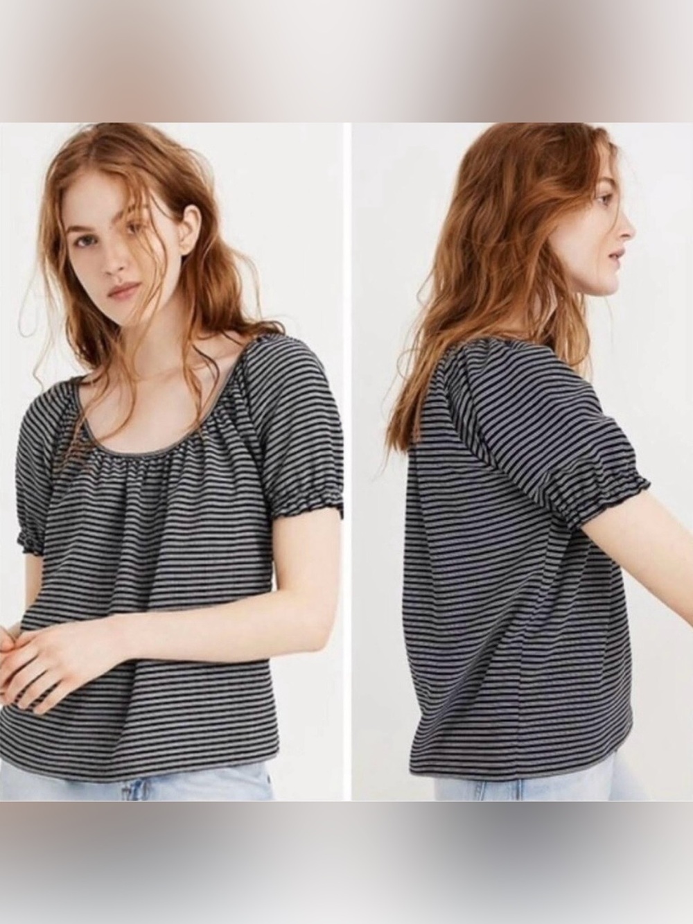 Madewell Texture & Thread Navy Blue & White Striped Peasant Top Size Small
